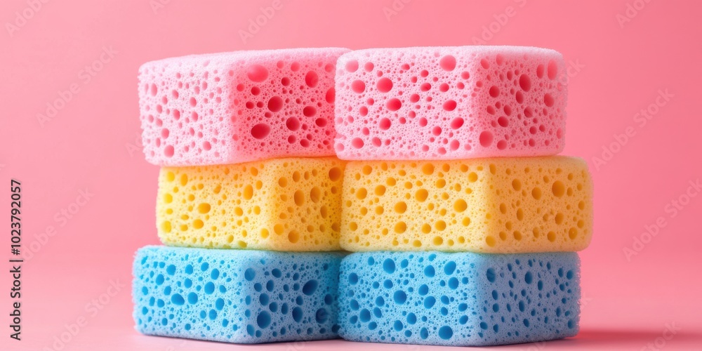 Stacks of brightly colored sponges in yellow, blue, and pink. the textured surfaces create an engaging pattern against the soft pink background Stacks of brightly colored sponges in yellow, blue, and pink. the textured surfaces create an engaging pattern against the soft pink background