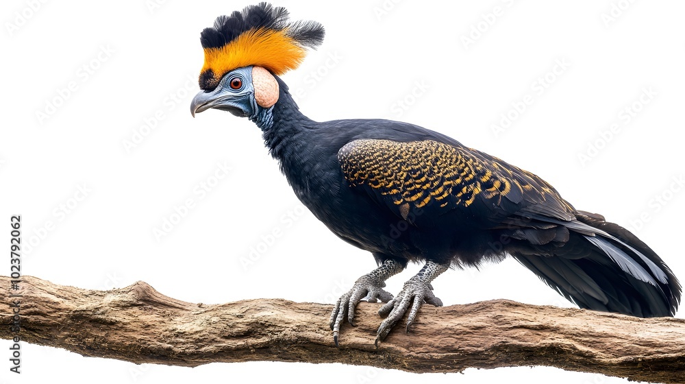 Fototapeta premium Northern Helmeted Curassow Perched on a Branch on a White Background, Realistic Photo, Standard Background, Wallpaper, Cover and Screen of Smartphone, PC, Laptop, 9:16 and 16:9 Format
