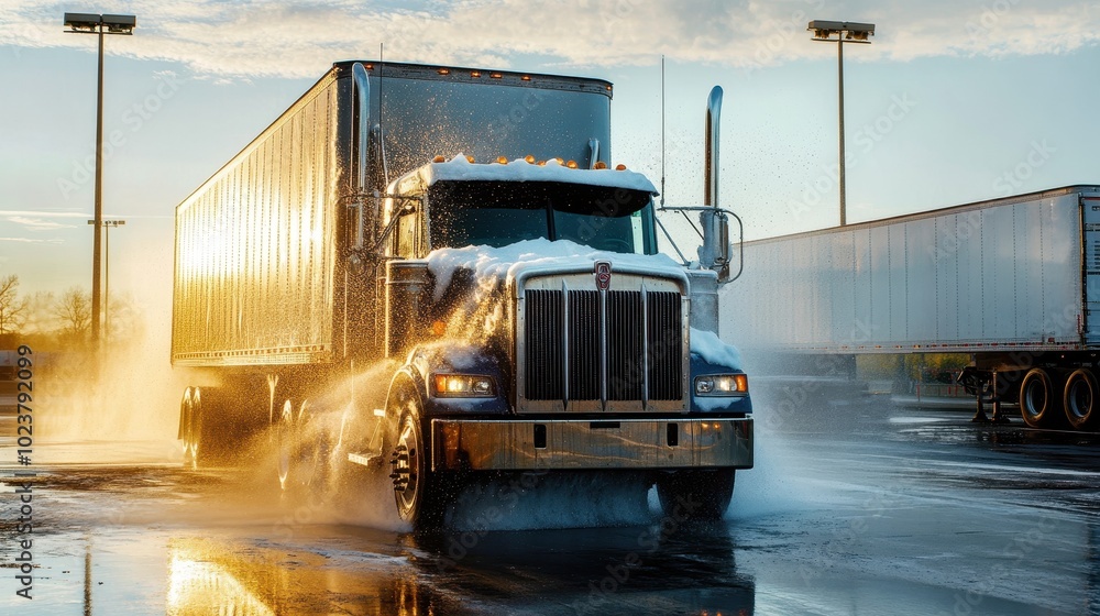 A truck passes through a water spray while sunlight reflects off its shiny surface A truck passes through a water spray while sunlight reflects off its shiny surface