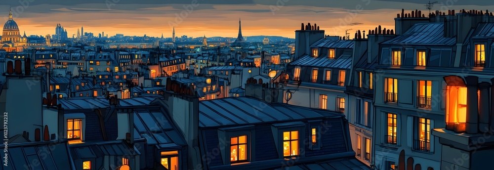 custom made wallpaper toronto digitalFlat illustration of the rooftops in Paris at night