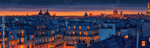 Wallpaper Mural Flat illustration of the rooftops in Paris at night Torontodigital.ca