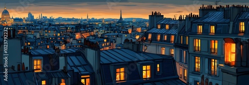 Wallpaper Mural Flat illustration of the rooftops in Paris at night Torontodigital.ca