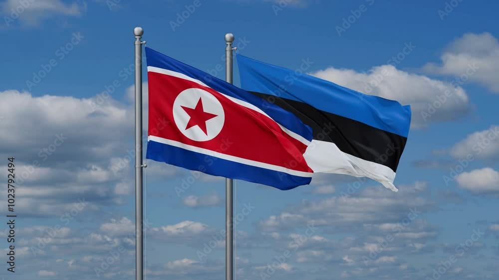 Estonia and North Korea flags flying together, video concept of the relationship, two country relations concept Estonia and North Korea flags flying together, video concept of the relationship, two country relations concept