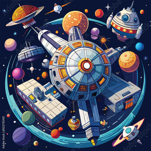 Science fiction illustration with Futuristic Cityscape, Alien Marketplace, Robot Uprising, Artificial Planet