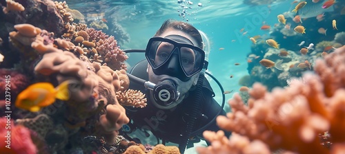 An Underwater Adventurer Delving into the Vibrant World of Marine Life, Surrounded by Colorful Coral Reefs and Diverse Aquatic Creatures photo