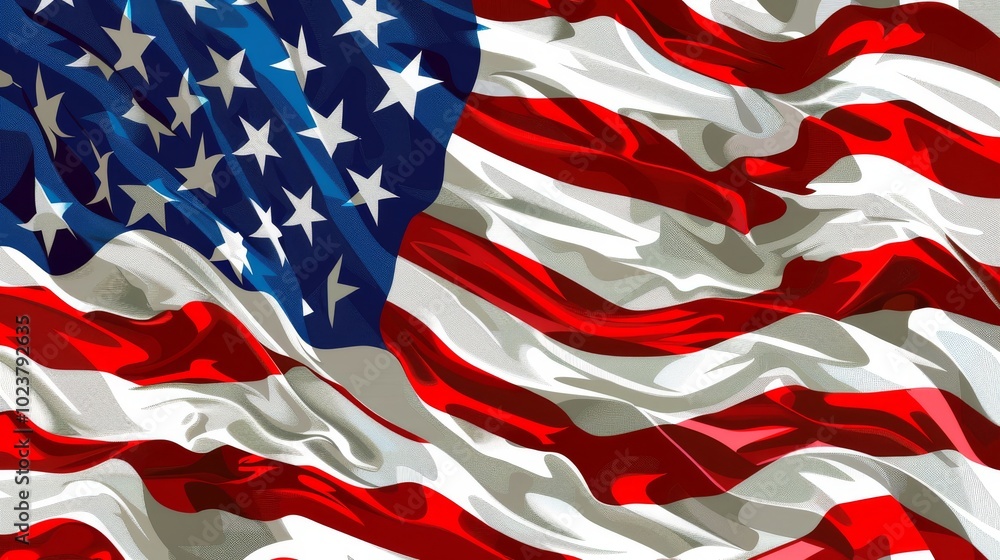 Close-up of the American flag waving, showcasing its vibrant red, white, and blue colors with stars and stripes. Close-up of the American flag waving, showcasing its vibrant red, white, and blue colors with stars and stripes.