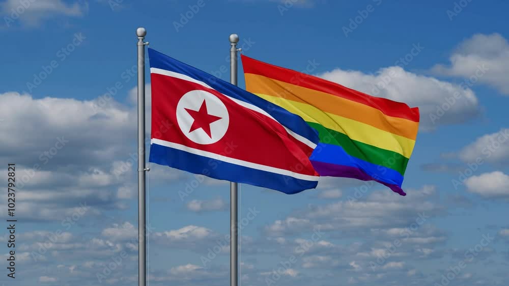 LGBT movement flag also Gay Pride and North Korea two flags waving cycle looped video, tolerance conception in country LGBT movement flag also Gay Pride and North Korea two flags waving cycle looped video, tolerance conception in country