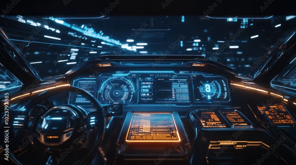 Futuristic car interior with glowing digital dashboard and steering wheel in a tunnel lit by blue neon lights. Futuristic car interior with glowing digital dashboard and steering wheel in a tunnel lit by blue neon lights.