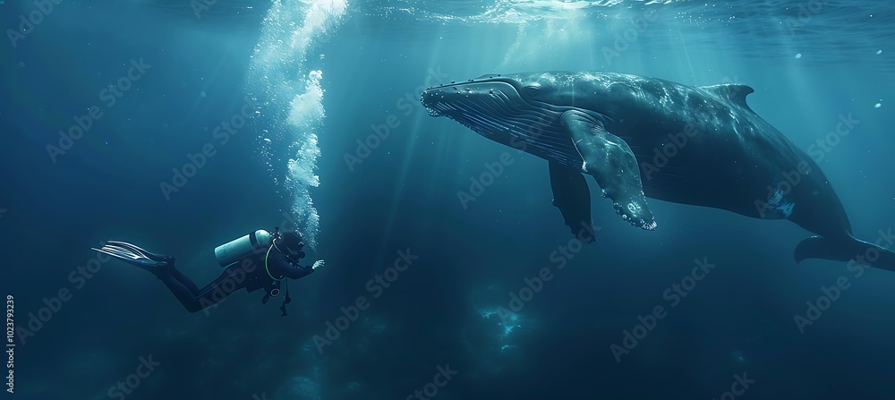A Joyful Diver Enjoying an Underwater Adventure with a Majestic Blue Whale in a PNG Cutout Style on a Transparent Backdrop. A Joyful Diver Enjoying an Underwater Adventure with a Majestic Blue Whale in a PNG Cutout Style on a Transparent Backdrop.