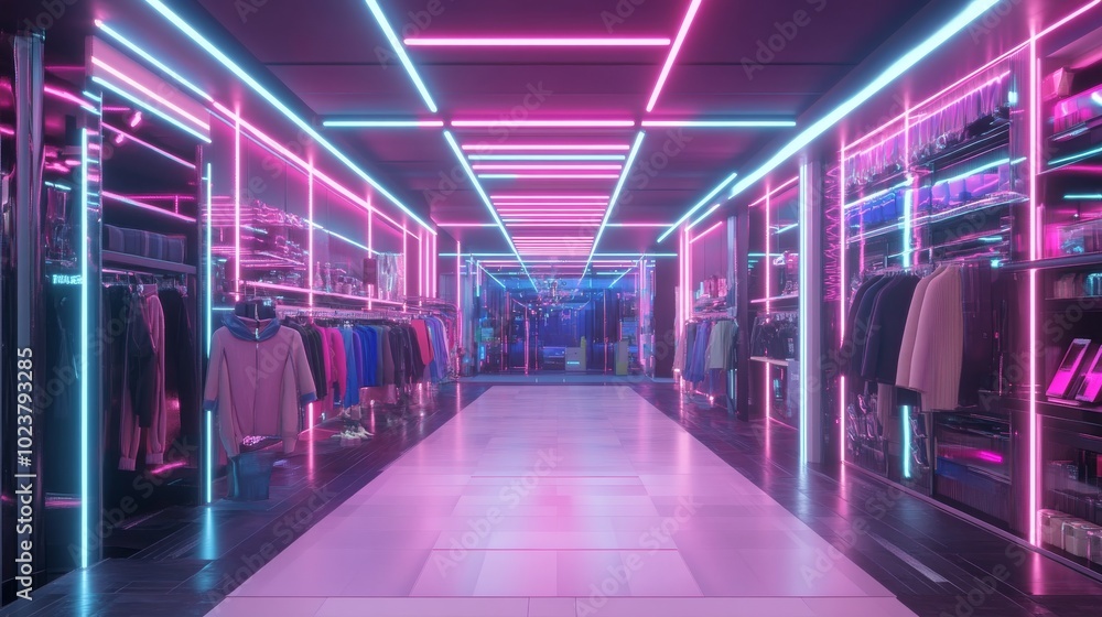 Fototapeta premium A neon pink and blue clothing store with a long hallway