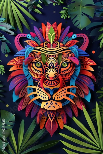 Flat lay of a lion head with vibrant tribal designs.