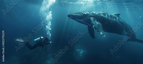 A Joyful Diver Enjoying an Underwater Adventure with a Majestic Blue Whale in a PNG Cutout Style on a Transparent Backdrop.