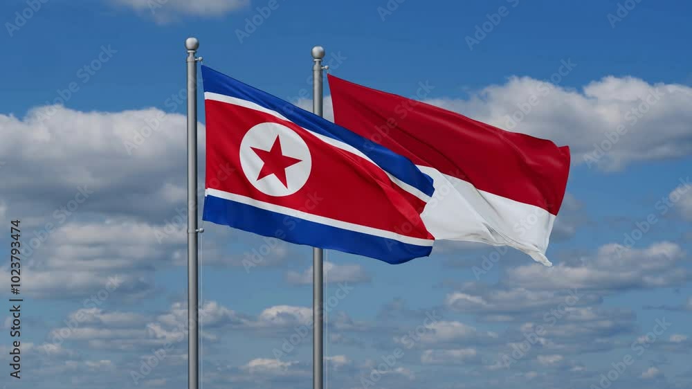 Indonesia and North Korea flags flying together, video concept of the relationship, two country relations concept Indonesia and North Korea flags flying together, video concept of the relationship, two country relations concept