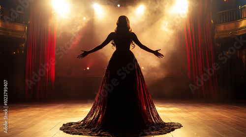 Beautiful opera singer in an ornate gown standing on stage with her back to the camera