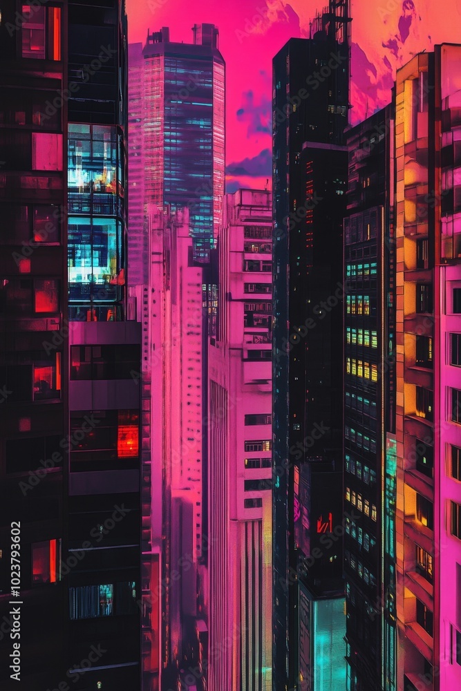 Obraz premium Geometric arrangement of synthwave skyscrapers, showcasing a vibrant color palette.