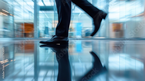 A man in a suit is walking in a building with a blurry background