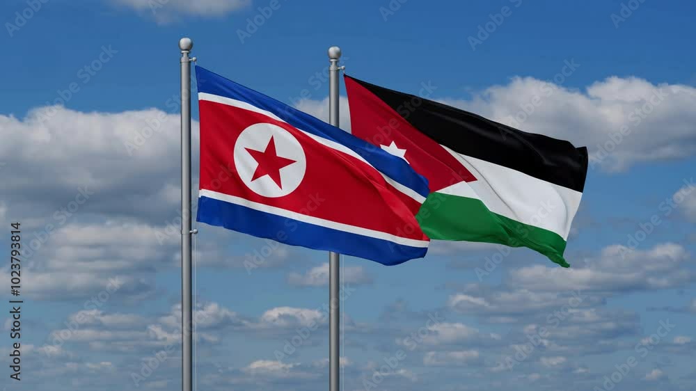 Jordan and North Korea flags flying together, video concept of the relationship, two country relations concept Jordan and North Korea flags flying together, video concept of the relationship, two country relations concept