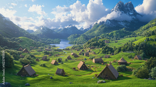 A serene Viking landscape with lush green fields and traditional dwellings nestled by a tranquil lake under a bright blue sky