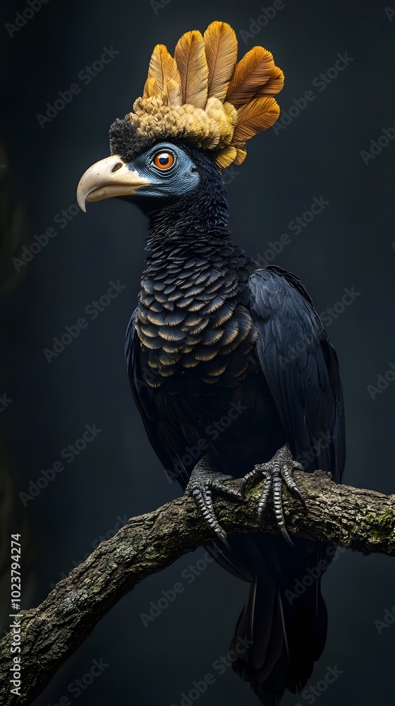 Fototapeta premium Northern Helmeted Curassow Perched on a Branch on a Black Background, Realistic Photo, Standard Background, Wallpaper, Cover and Screen for Smartphone, PC, Laptop, 9:16 and 16:9 Format