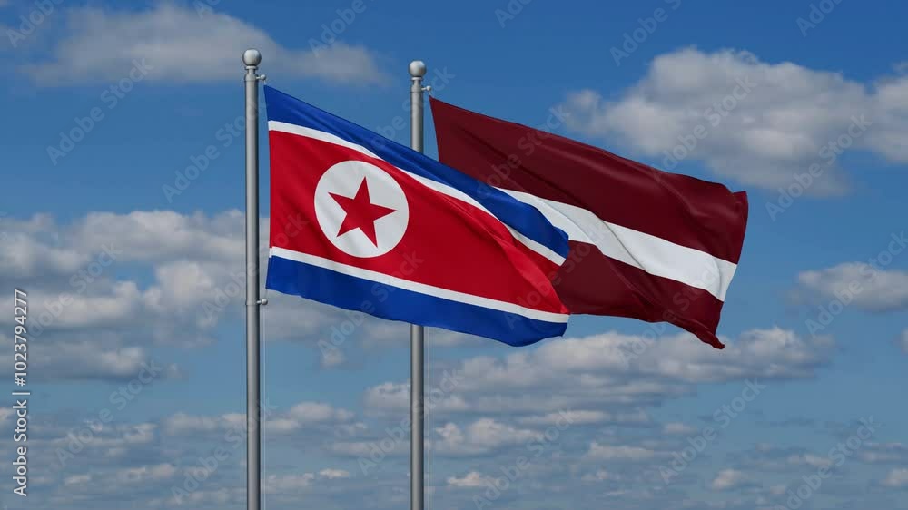 Latvia and North Korea flags flying together, video concept of the relationship, two country cooperation concept Latvia and North Korea flags flying together, video concept of the relationship, two country cooperation concept