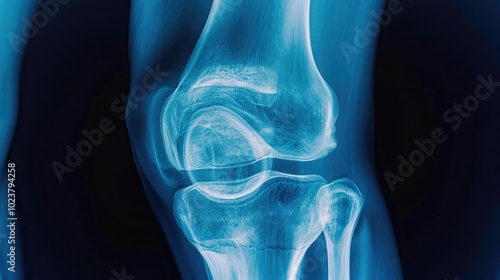 A high-resolution X-ray image of a human knee joint, highlighting the intricate details of the bone structure and surrounding tissues, perfect for medical, healthcare, and educational purposes