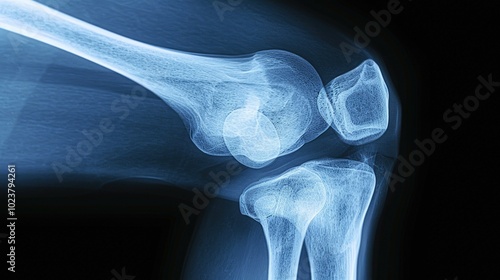 A high-resolution X-ray image of a human knee joint, highlighting the intricate details of the bone structure and surrounding tissues, perfect for medical, healthcare, and educational purposes