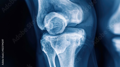 A high-resolution X-ray image of a human knee joint, highlighting the intricate details of the bone structure and surrounding tissues, perfect for medical, healthcare, and educational purposes