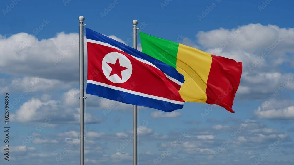 Mali and North Korea flags waving together, video concept of the relationship, two country relations concept Mali and North Korea flags waving together, video concept of the relationship, two country relations concept