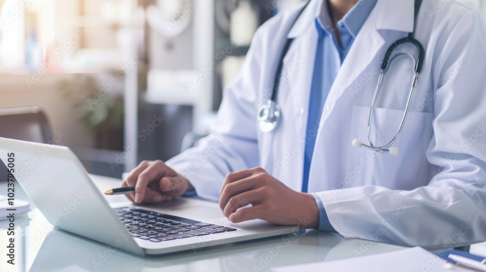 Close-up of a doctor reviewing patient records on a laptop and paper document, symbolizing the integration of technology in healthcare for better patient management Close-up of a doctor reviewing patient records on a laptop and paper document, symbolizing the integration of technology in healthcare for better patient management