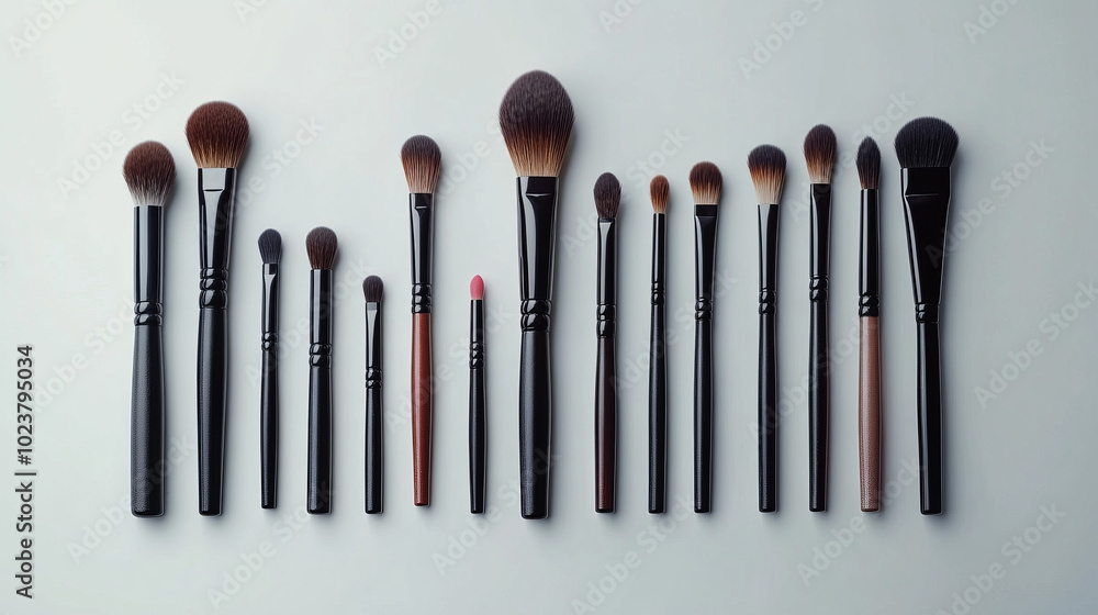 Elegant makeup brushes and fancy cosmetics, all arranged against a clean white backdrop. Elegant makeup brushes and fancy cosmetics, all arranged against a clean white backdrop.