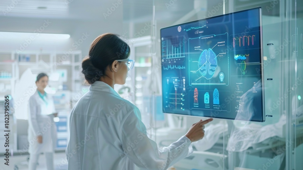 A doctor wearing virtual reality goggles interacts with a digital anatomy screen, utilizing advanced technology for medical visualization and diagnostics A doctor wearing virtual reality goggles interacts with a digital anatomy screen, utilizing advanced technology for medical visualization and diagnostics