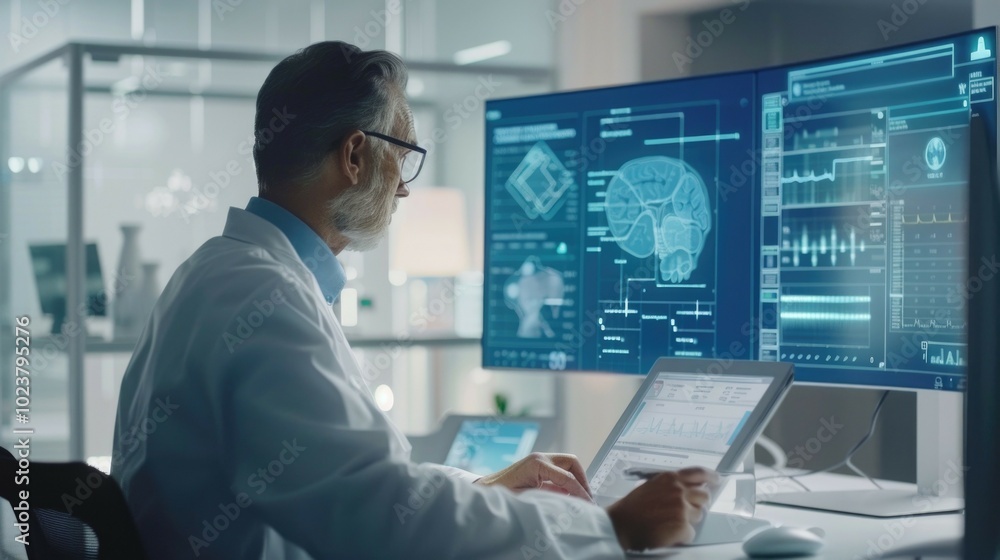 A doctor wearing virtual reality goggles interacts with a digital anatomy screen, utilizing advanced technology for medical visualization and diagnostics A doctor wearing virtual reality goggles interacts with a digital anatomy screen, utilizing advanced technology for medical visualization and diagnostics