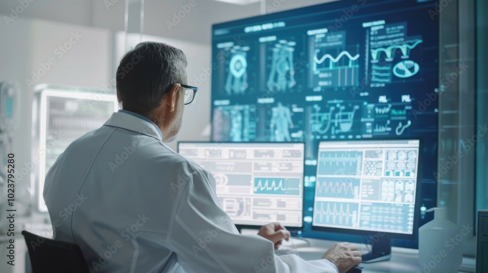 A doctor wearing virtual reality goggles interacts with a digital anatomy screen, utilizing advanced technology for medical visualization and diagnostics A doctor wearing virtual reality goggles interacts with a digital anatomy screen, utilizing advanced technology for medical visualization and diagnostics