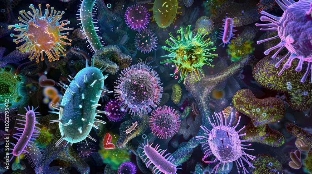 Naklejka premium A highly detailed and colorful microscopic view of viruses and bacteria, showing intricate textures and vibrant patterns, emphasizing the complexity of microorganisms