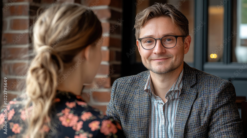Two individuals are enjoying a conversation in a warm café setting, surrounded by rustic brick walls in the early afternoon light Two individuals are enjoying a conversation in a warm café setting, surrounded by rustic brick walls in the early afternoon light