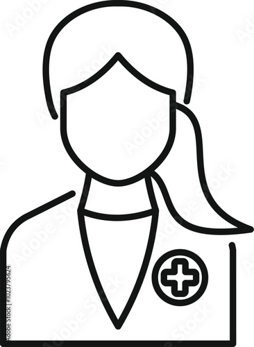 Female doctor wearing lab coat with cross icon line art vector illustration