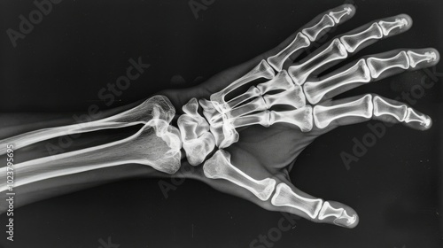 A detailed X-ray scan displaying the bones of a human hand and wrist, showing clear skeletal structure against a dark background