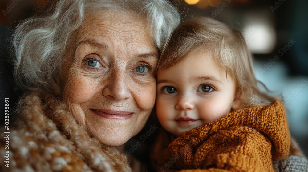 A loving grandmother holds her grandchild close, both radiating warmth and joy in a softly lit indoor space, creating a heartwarming moment A loving grandmother holds her grandchild close, both radiating warmth and joy in a softly lit indoor space, creating a heartwarming moment