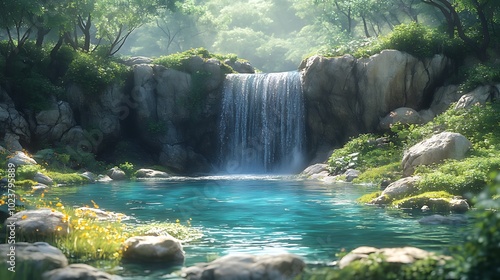 A serene waterfall cascades into a crystal-clear pond surrounded by lush greenery in a tranquil forest setting.