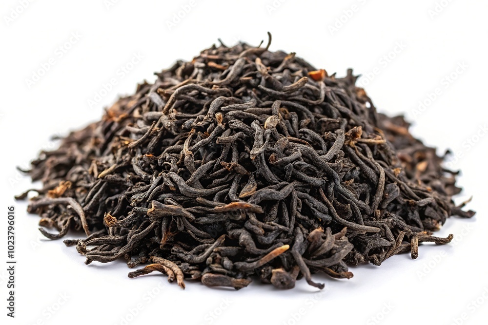 Minimalist dry black tea grains isolated on white background Minimalist dry black tea grains isolated on white background