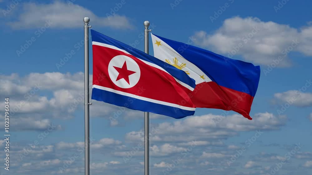 Philippines and North Korea flags flying together, video concept of the relationship, two country cooperation concept Philippines and North Korea flags flying together, video concept of the relationship, two country cooperation concept
