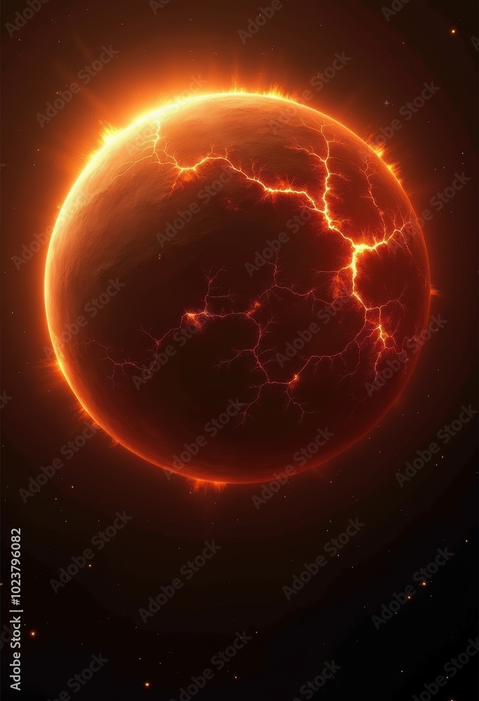 Fototapeta premium A mesmerizing fiery planet glowing in a dark cosmos, ideal for science fiction themes, astrophysics projects, or space exploration concepts.