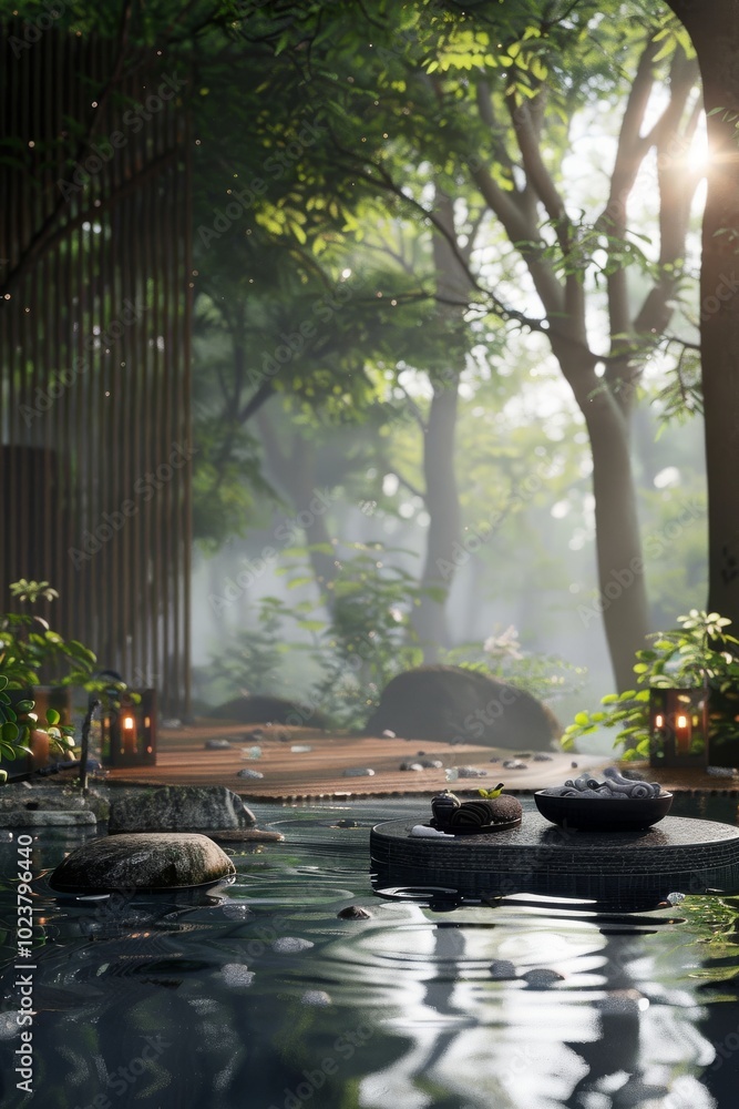 A serene forest scene with a pond in the middle. The water is calm and the trees are lush and green. Scene is peaceful and relaxing A serene forest scene with a pond in the middle. The water is calm and the trees are lush and green. Scene is peaceful and relaxing