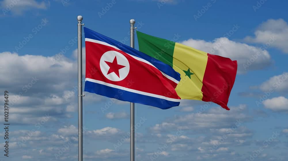 Republic of Senegal and North Korea flags flying together, video concept of the relationship, two country cooperation concept Republic of Senegal and North Korea flags flying together, video concept of the relationship, two country cooperation concept