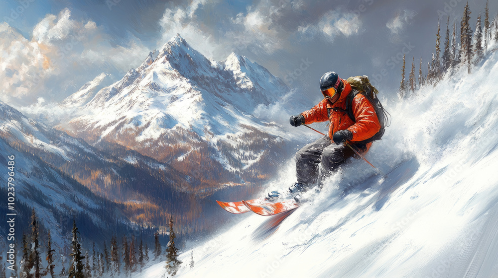 A skier in a bright orange jacket navigates snowy terrain surrounded by towering mountains and pine trees under a cloudy sky A skier in a bright orange jacket navigates snowy terrain surrounded by towering mountains and pine trees under a cloudy sky