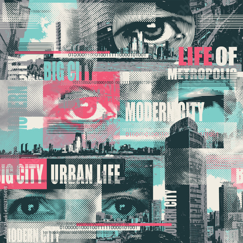 Abstract seamless pattern with newspaper headlines, concerned human eyes, urban landscapes. Chaotic vector background on the theme of city life in retro style. Wallpaper, wrapping paper, fabric design