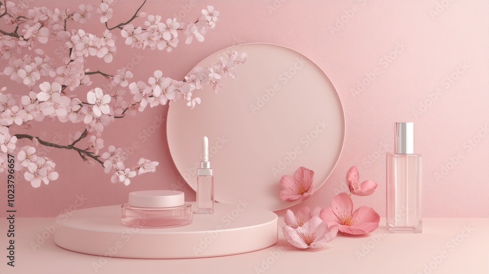 Pink pastel background with cherry blossom tree branches, 3d product display stand, and glass bottles for skincare. Pink pastel background with cherry blossom tree branches, 3d product display stand, and glass bottles for skincare.
