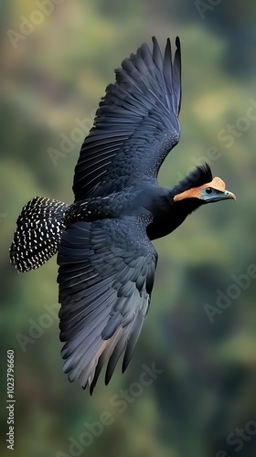 Northern Helmeted Curassow Flying in Nature, Photo Realistic, Pattern Background, Wallpaper, Cover and Screen for Smartphone, PC, Laptop, 9:16 and 16:9 Format