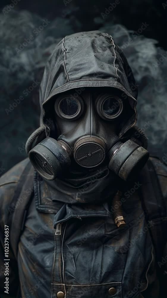 A person is wearing a gas mask and a black coat A person is wearing a gas mask and a black coat