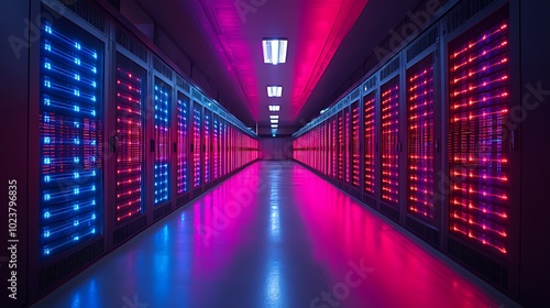 Rows of glowing servers line a long hallway with vibrant pink and blue lighting.